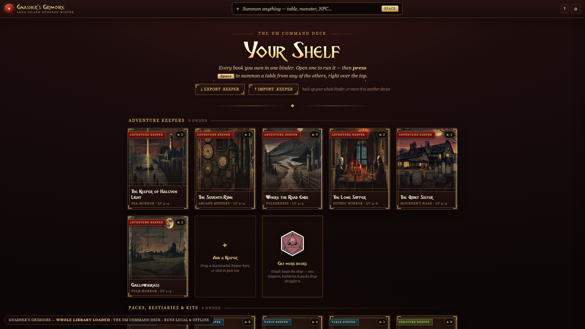 Your Shelf: six Adventure Keepers with painted covers and class plaques, plus packs below