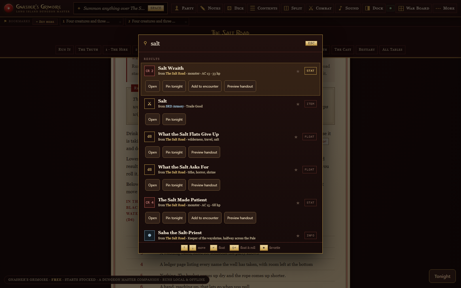 The Summon palette open over an adventure, three letters typed, matches from across the whole library