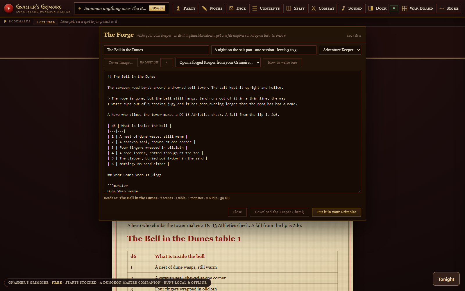 The Forge: an adventure written in plain Markdown inside the app, over the Keeper it built
