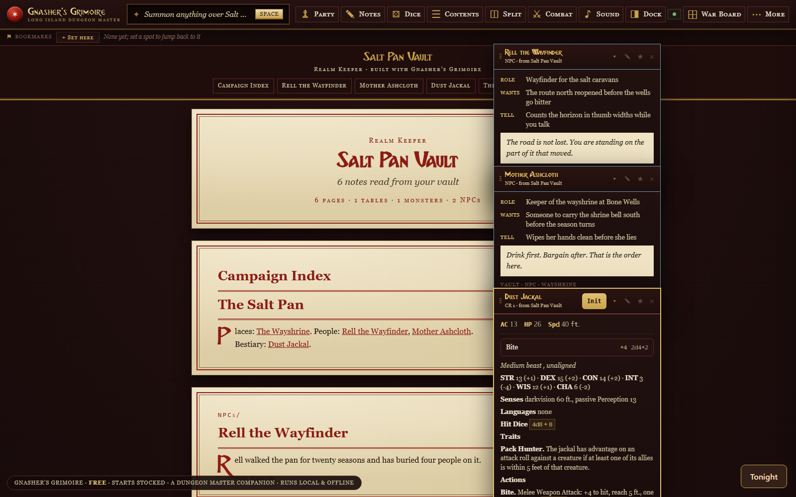 An Obsidian vault folder opened inside a Dungeon Master app: the writer's own notes rendered as pages, with an NPC card and a stat block pulled out of them.