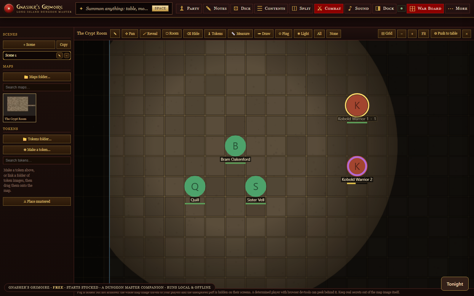 A battle map on screen: a square grid aligned to the floor, four party tokens with names, two monster tokens with hit-point bars, and the lit area falling away into dark.