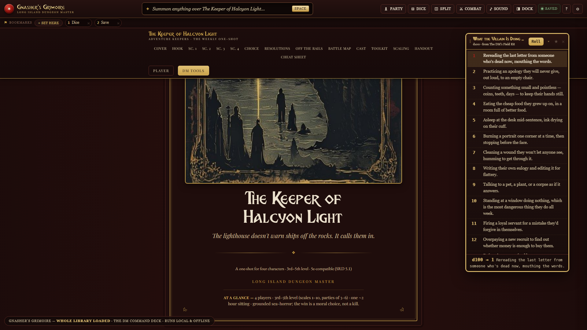 A d100 table card floated over the open adventure, rolled in place