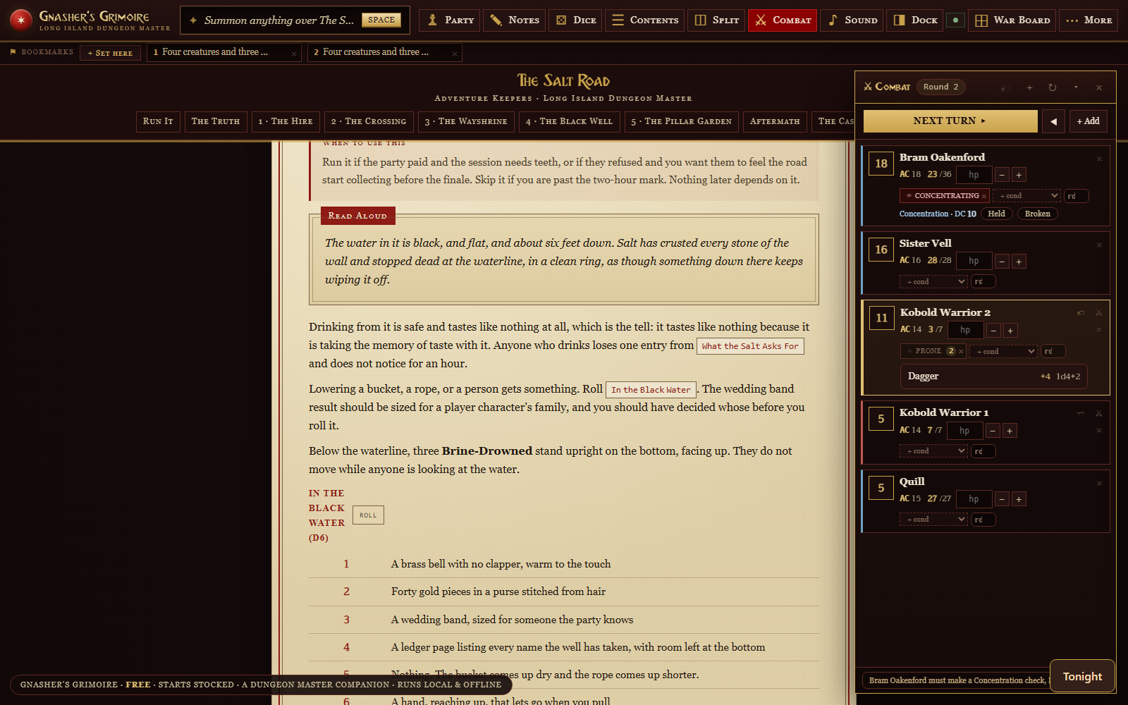 A combat tracker mid-fight: initiative order down the left, armour class and current hit points per combatant, and condition tags on two of them.