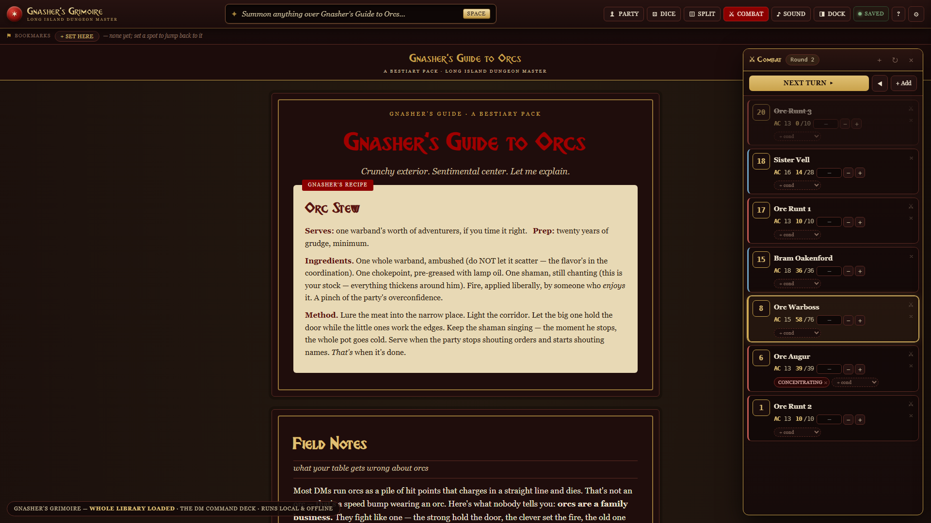 The War Table panel over a bestiary Keeper: initiative order, per-combatant HP, conditions
