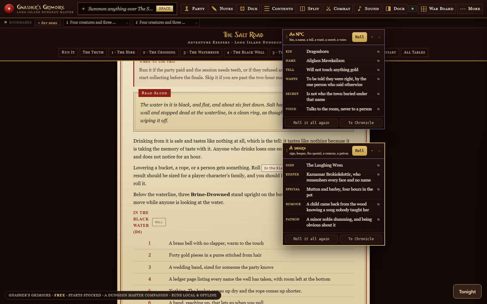 The generators: an NPC card and a tavern, each field rerollable