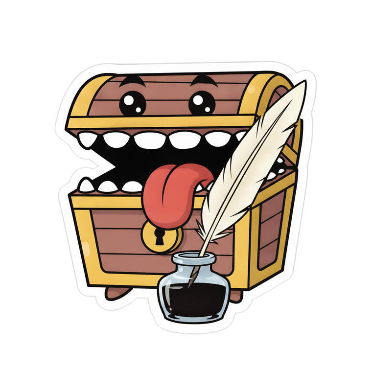 Gnasher the mimic, lid open, with a quill pen standing in an inkwell