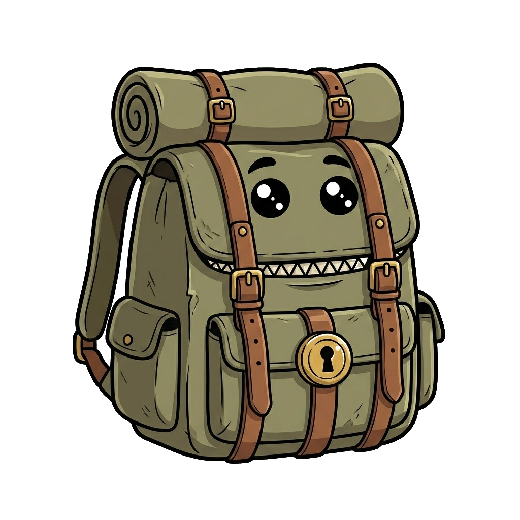 Gnasher in his rucksack form: a friendly canvas adventuring pack with a keyhole clasp, the Satchel mascot