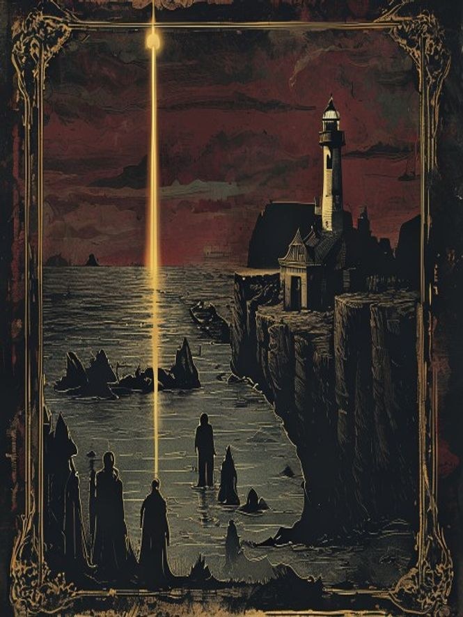 The Keeper of Halcyon Light — a lone lighthouse on a black sea-rock, a gold beam falling from the sky, silhouetted figures on the shore.