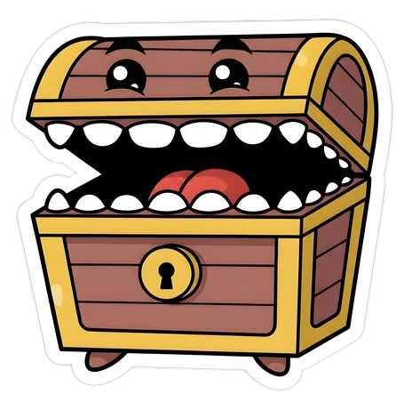 Gnash, the Long Island Dungeon Master mascot — a cute mimic treasure chest, breathing